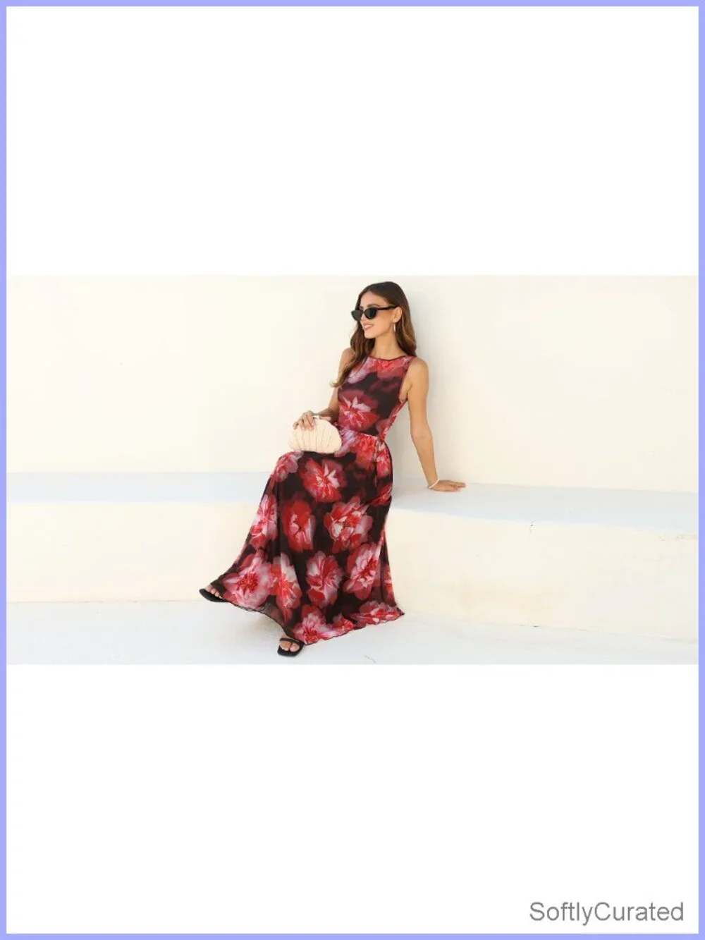 Sleeveless Floral Maxi Dress Mesh High Waist Pleated Sundress with Pockets